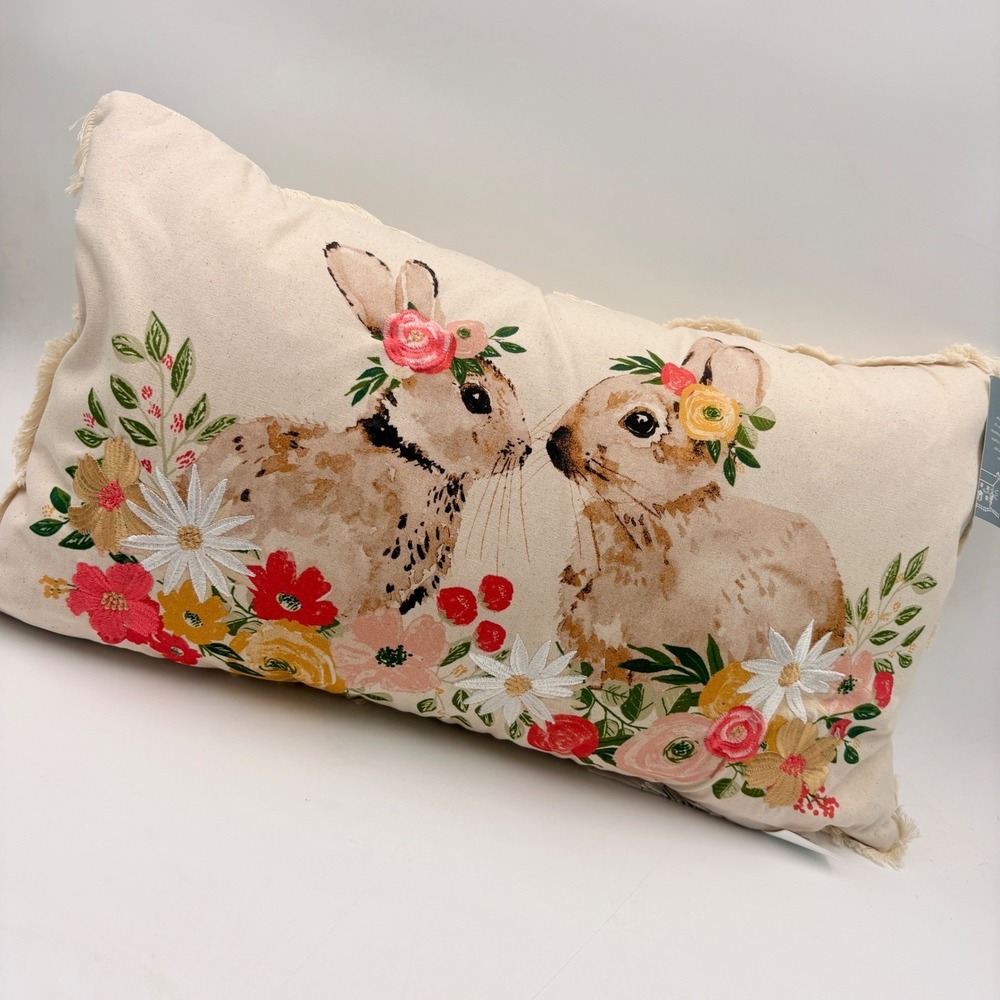 Farmhouse by Rachel Ashwell Easter Bunny Floral Embroidered Lumbar Pillow Cotton